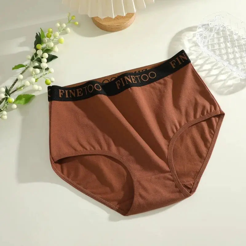 Finetoo women's cotton briefs, brown low-rise underwear with a black branded waistband.