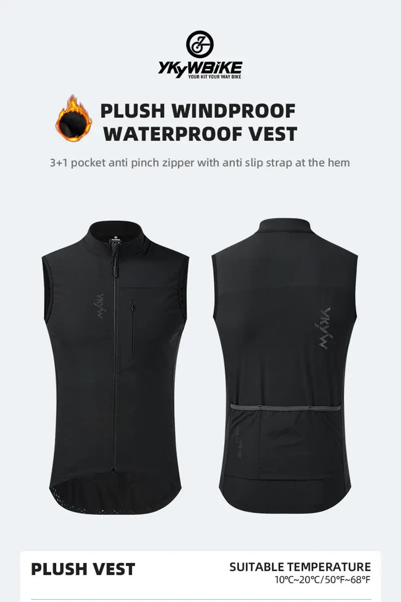 YKYWBIKE men's sleeveless windproof waterproof cycling vest in black; front and back views.