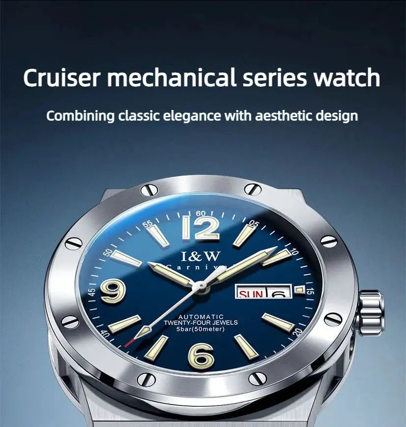 I&W Carnival luxury automatic watch with blue dial and stainless steel case