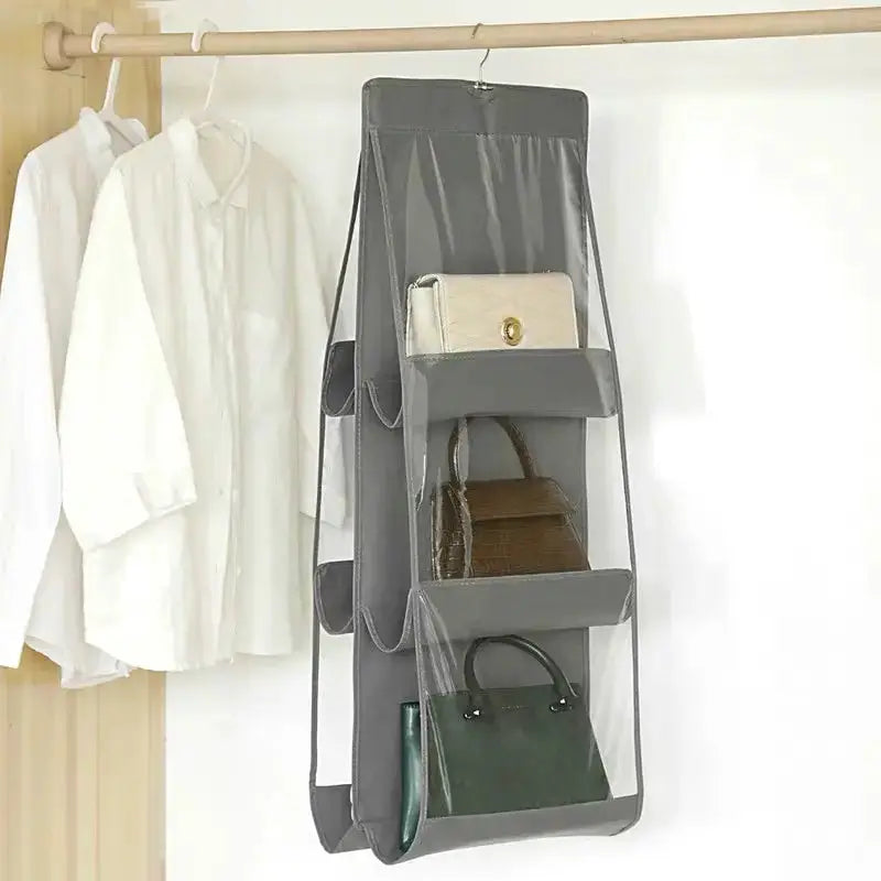 6 Pocket Hanging Handbag Organizer Gray Waterproof Storage Bag For Wardrobe Closet With Door Or Wall Mount