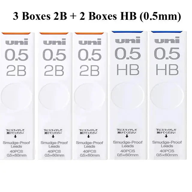 Uni 0.5mm pencil lead refills: five boxes (three 2B, two HB) with orange and blue tops