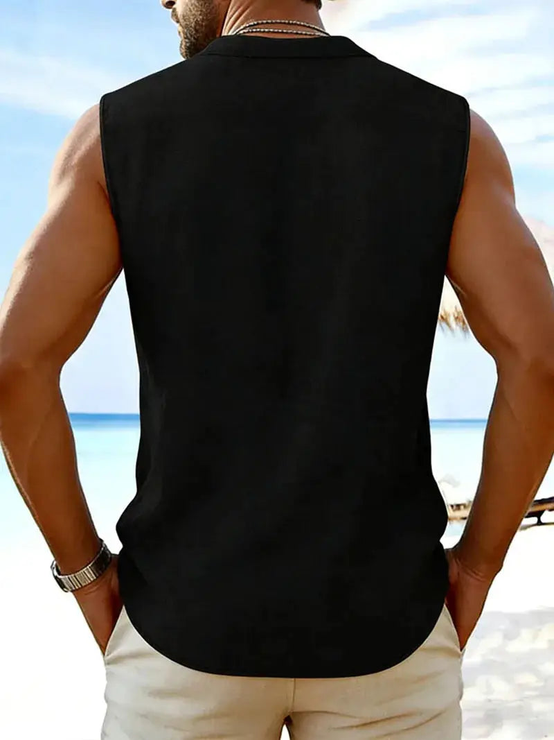 Men's sleeveless cotton-linen shirt, black, turn-down collar, button-up, casual beachwear.