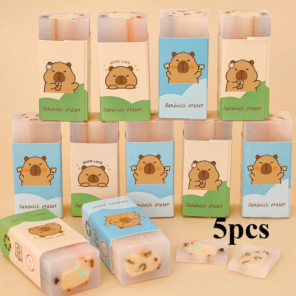 Kapibala sandwich erasers by Simples Market, set of 5, cute capybara cartoon on pastel packaging