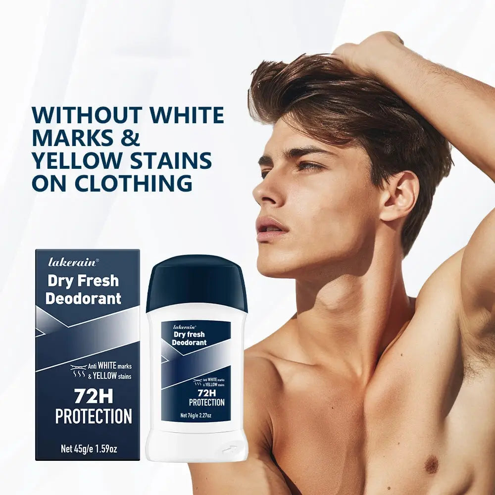 Lakerein Dry Fresh Deodorant box and bottle for men beside a shirtless model; 72H protection.
