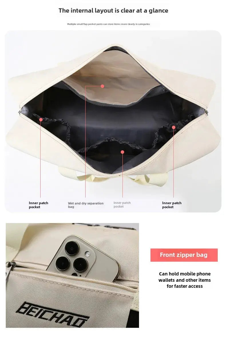 Expandable travel duffle bag for women in beige by Simples Market; large-capacity sports bag with front zip pocket.