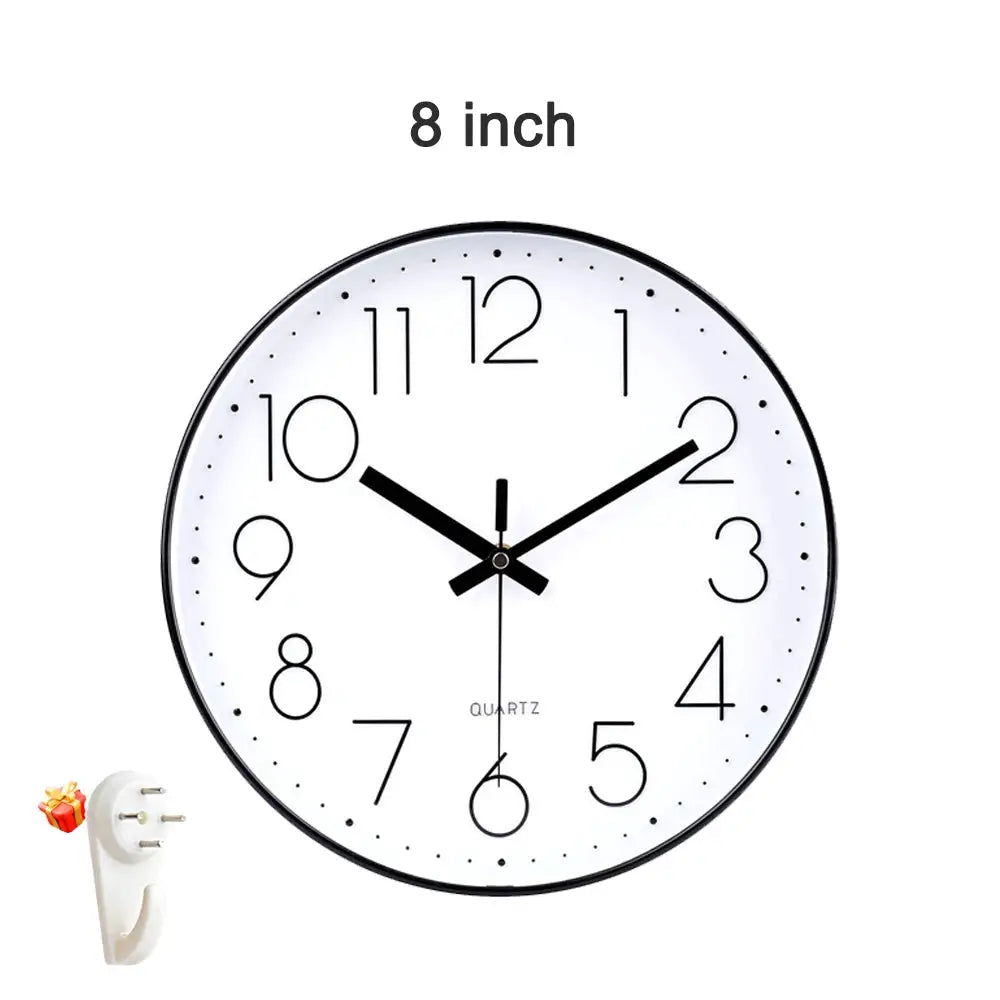 8 inch white analog quartz wall clock with black numerals and hands