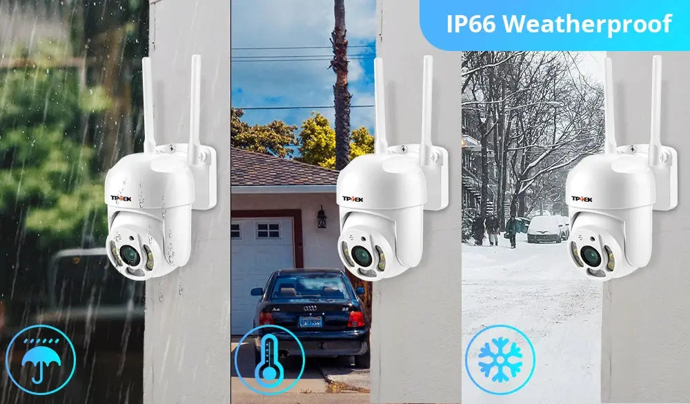 4MP PTZ WiFi IP camera; three white outdoor cameras shown with 4x digital zoom, IP66 weatherproof