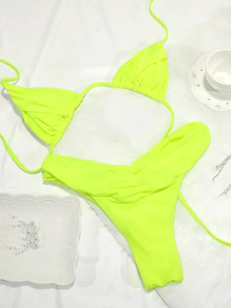 Sexy Folds Bikini Set Solid Micro Triangle Swimwear for Women Two Piece Beachwear Bathing Suit