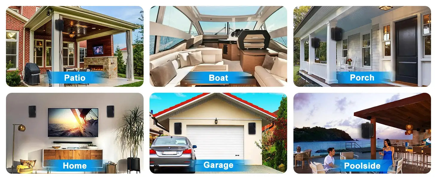Outdoor wall-mount speakers, black, shown in six settings: patio, boat, porch, home, garage, poolside.