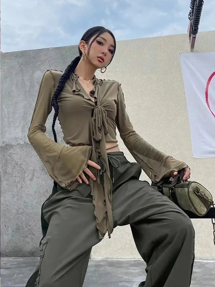 Korean Couture Lace Up Mesh Blouse With Long Flare Sleeve Slim Fit Top For Modern Sophisticated Style