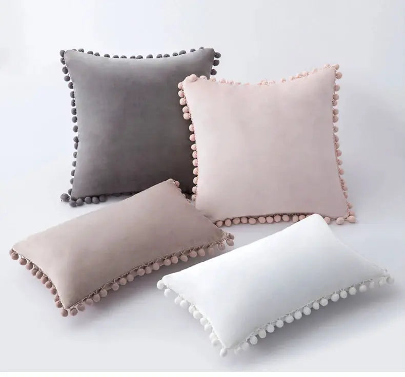 Velvet cushion covers set (4) with tassel fringe in gray, pink, beige, and white — Simples Market