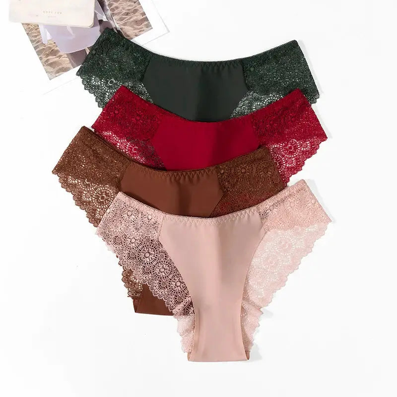 TrowBridge satin lace panties; 5-pair set from Simples Market in black, red, maroon, brown, and pale pink.