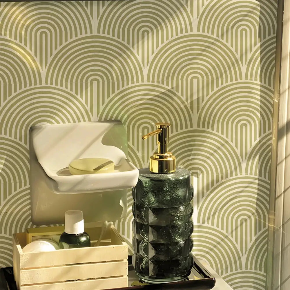 Simples Market 10Pcs Abstract Matte Wall Tile Sticker Set self-adhesive vinyl backsplash in olive green and cream arches.
