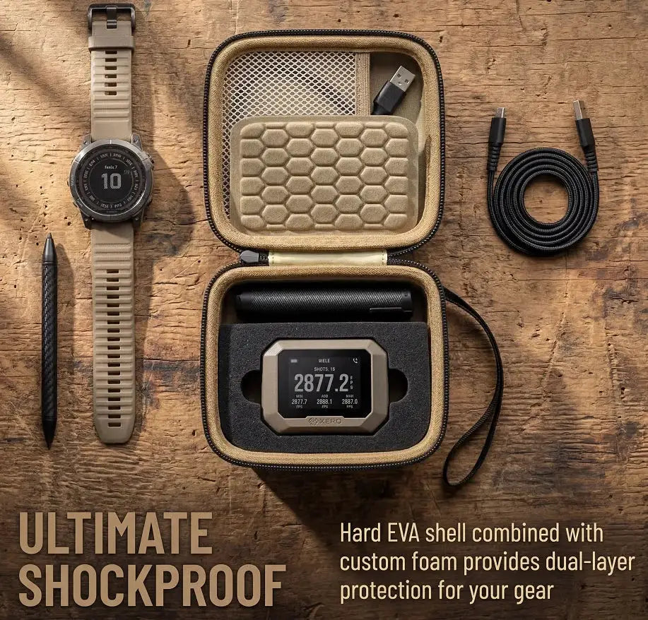 Storage case for Garmin Xero C1 Pro/Xero C2 Chronograph by Simples Market; tan hard EVA shell with foam padding