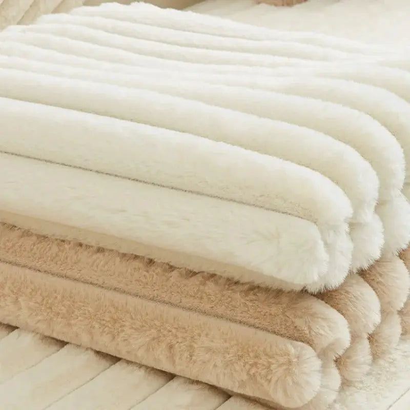 Thicken plush striped faux rabbit fur sofa cover set by Simples Market, white/beige, non-slip winter slipcover