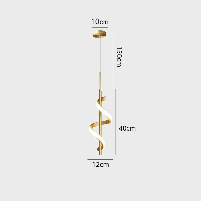 Lustre LED pendant light with a gold spiral metal fixture and 150 cm drop
