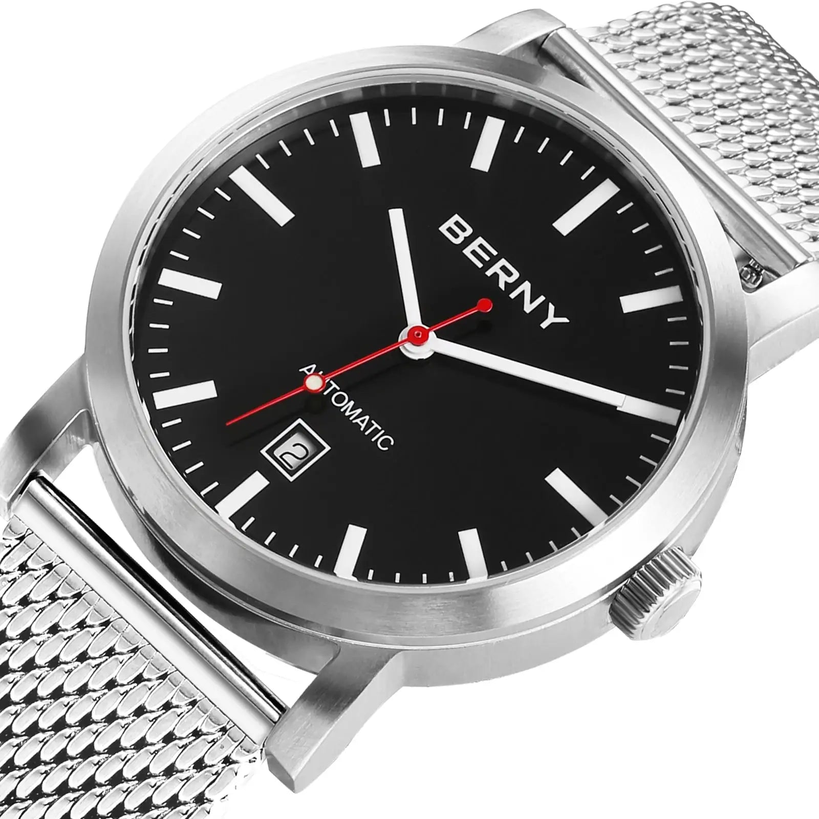 BERNY men's automatic wristwatch with black dial, date window and silver mesh band