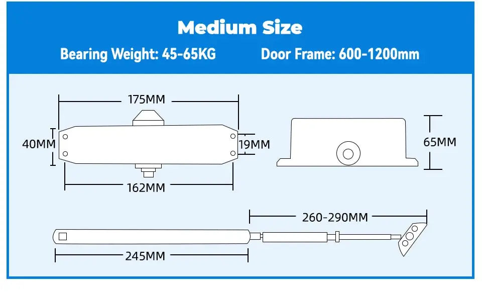 KAK Hydraulic Door Closer by Simples Market, medium size, 25–80 kg capacity, adjustable speed, soft closing