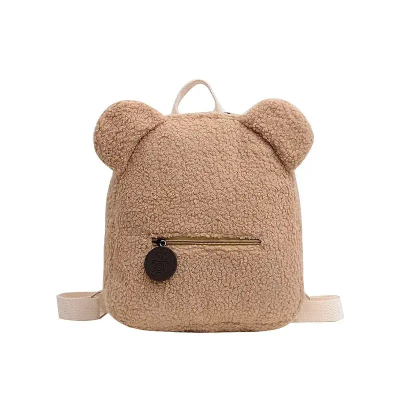 Bear-ear fleece kids backpack by Simples Market, tan small daypack with front zip pocket