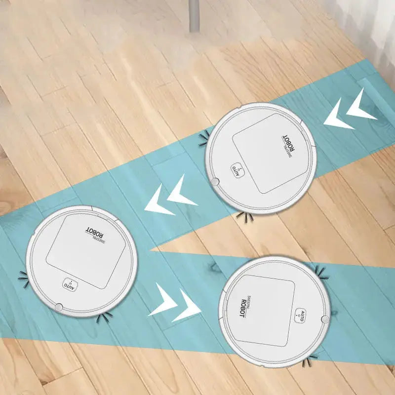 Robot vacuum cleaners: three white circular units on wood floor with blue diagonal overlay and arrows.