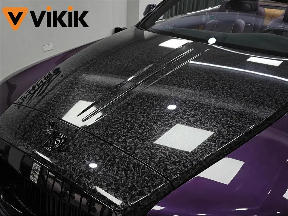 Car vinyl wrap sticker, black forged carbon fiber pattern, PET self-adhesive; ViKiK logo visible
