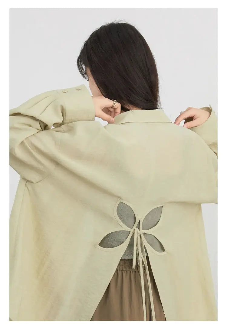 CHIC VEN women's long-sleeve beige shirt with back floral cut-out and drawstring tie