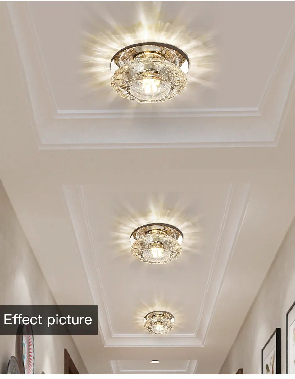 3 crystal flush-mount LED ceiling lights along a hallway ceiling