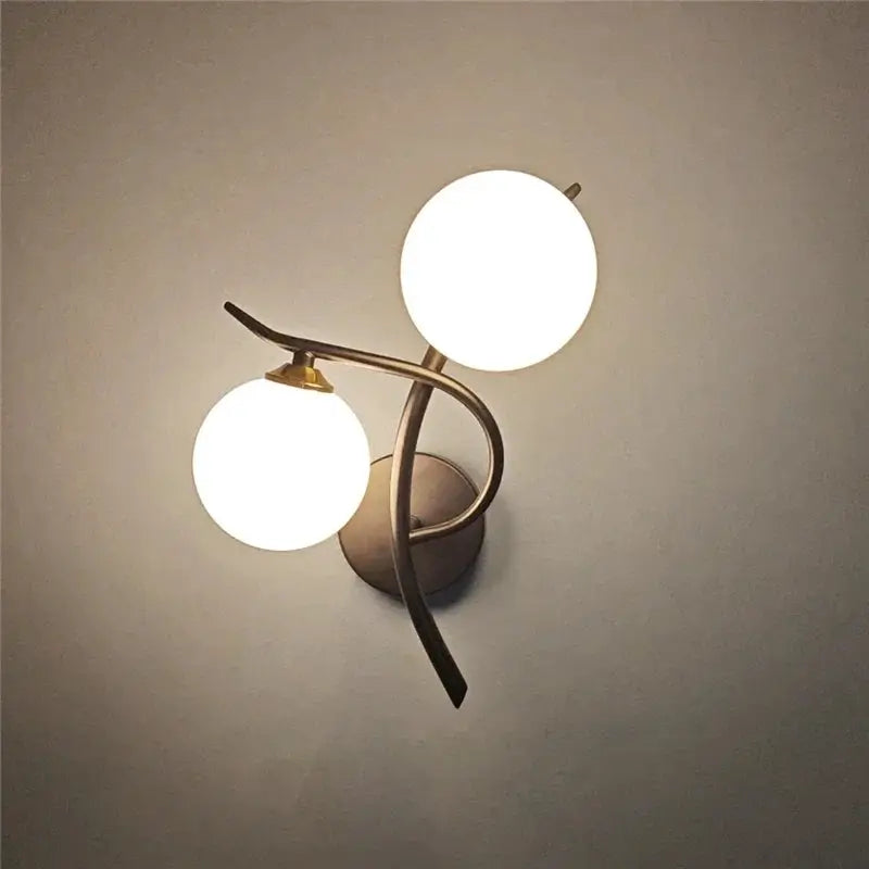 Nordic iron wall lamp with two glass globe LED bulbs, Simples Market modern bedroom lighting