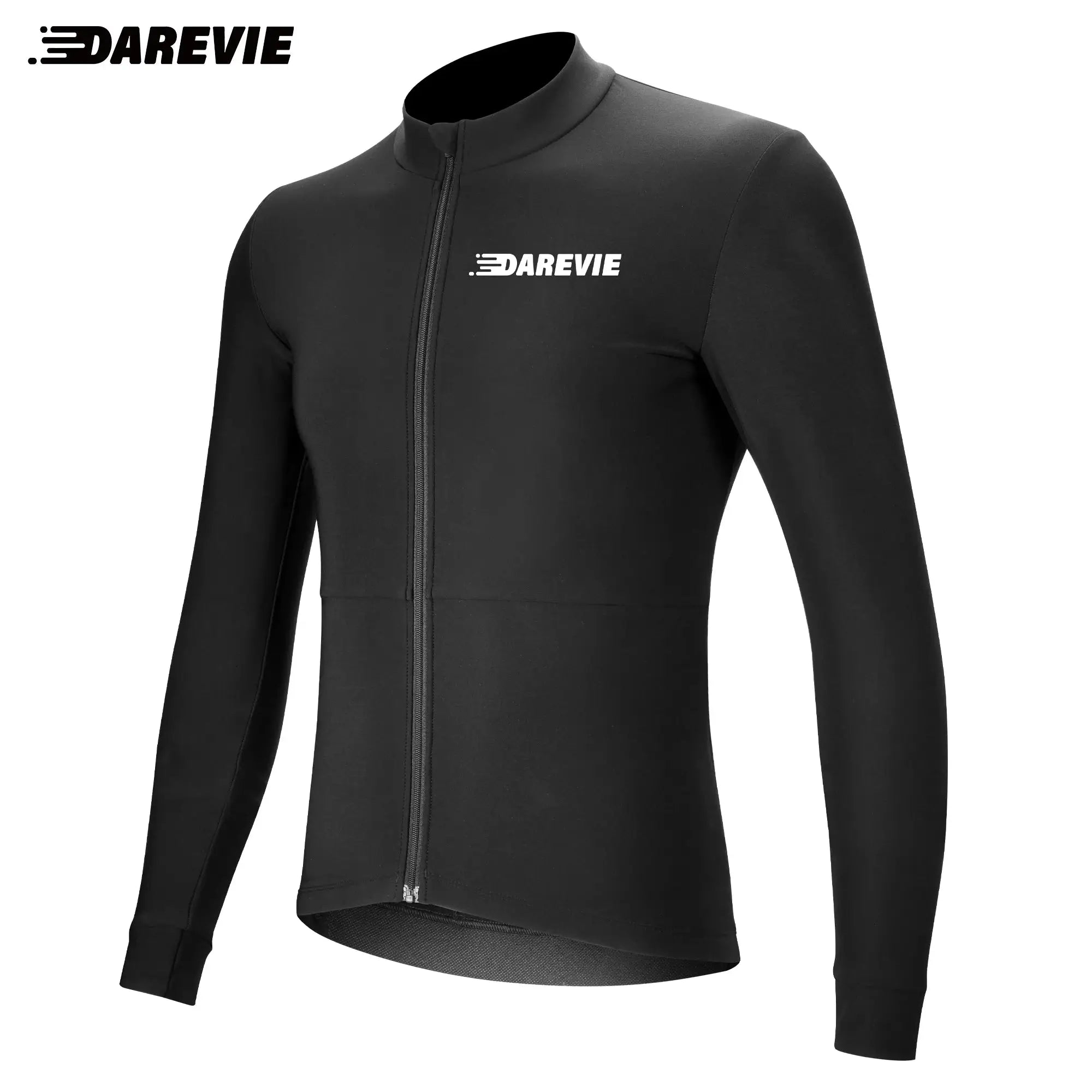DAREVIE black men's cycling jersey with long sleeves, full-zip, thermal fleece, chest logo