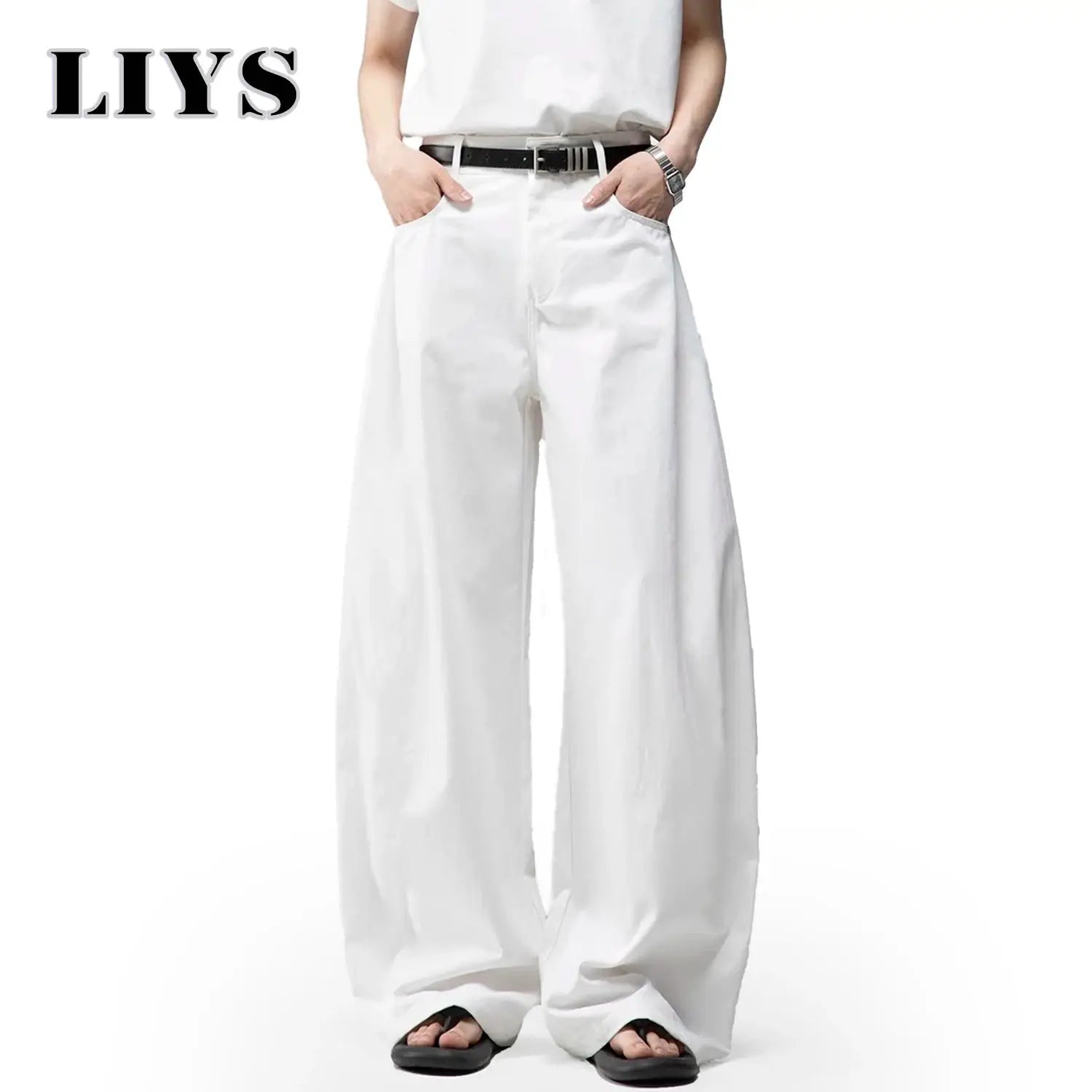 Men's white baggy wide-leg denim jeans with belt, casual daily wear, LIYS logo.