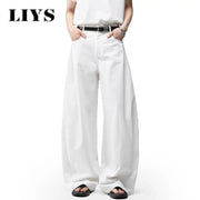 Men's white baggy wide-leg denim jeans with belt, casual daily wear, LIYS logo.