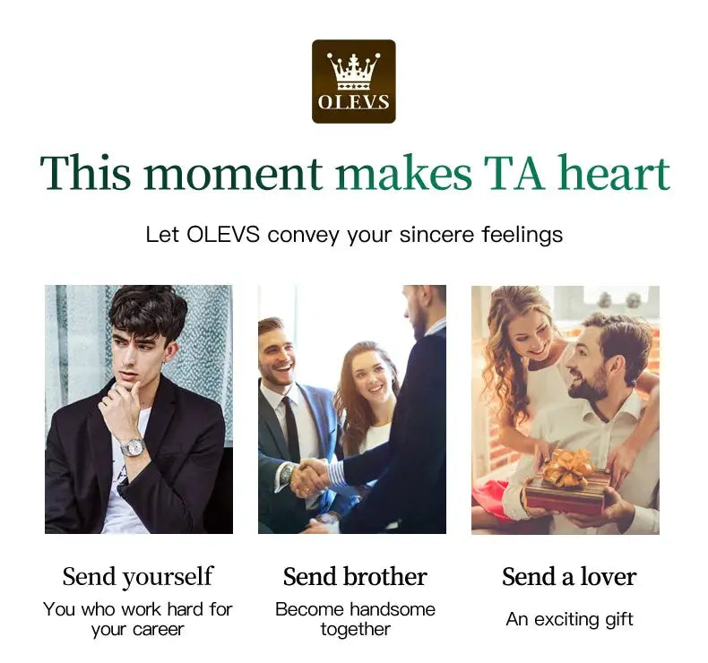 OLEVS watch banner with logo and three scenes: a man in a suit wearing a watch, a business handshake, and a couple with a gift.