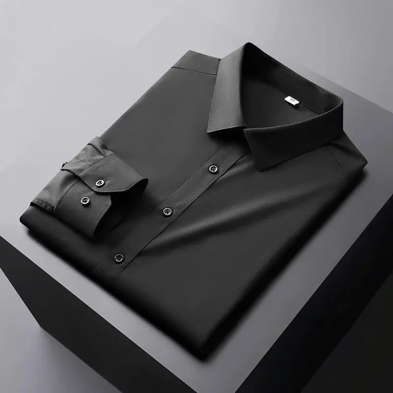 Men's black wrinkle-free long-sleeve dress shirt from Simples Market, a versatile business casual solid color top
