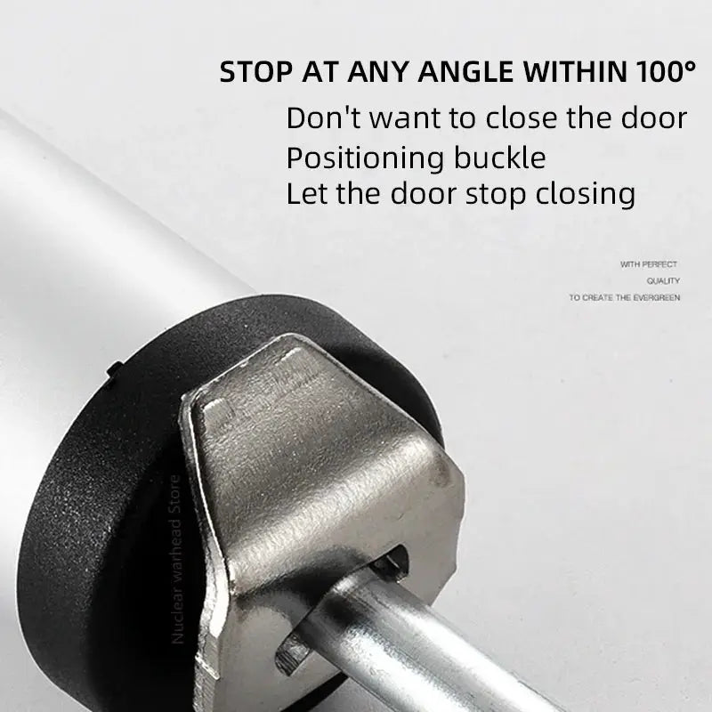 Automatic door closer with soft-close buffer for 90-degree stops, Simples Market hardware.