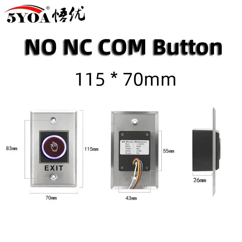 Door exit push button switch for access control, metal faceplate with illuminated hand icon, Simples Market