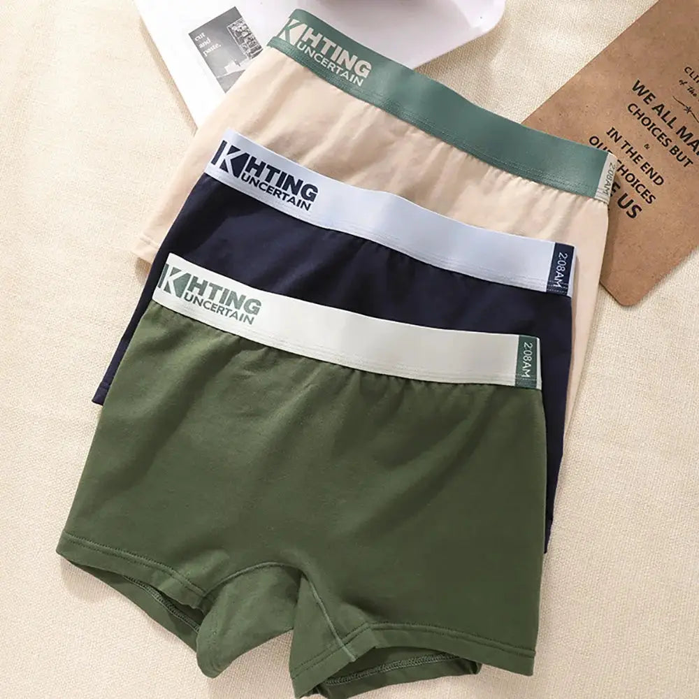 4-pack women's cotton panties with high-elastic waistbands in beige, navy, gray, and olive green; KHTING branding
