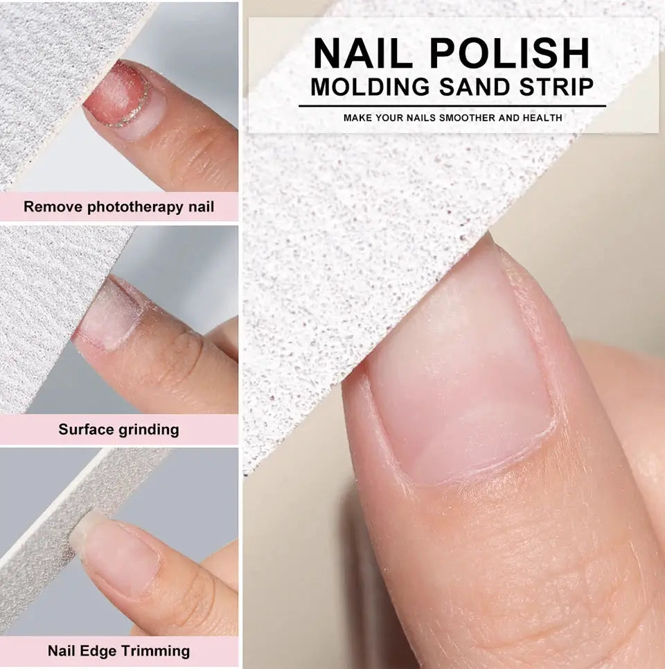 Simples Market Nail Polish Molding Sand Strip buffer kit for nail shaping; close-up of buffing a fingernail