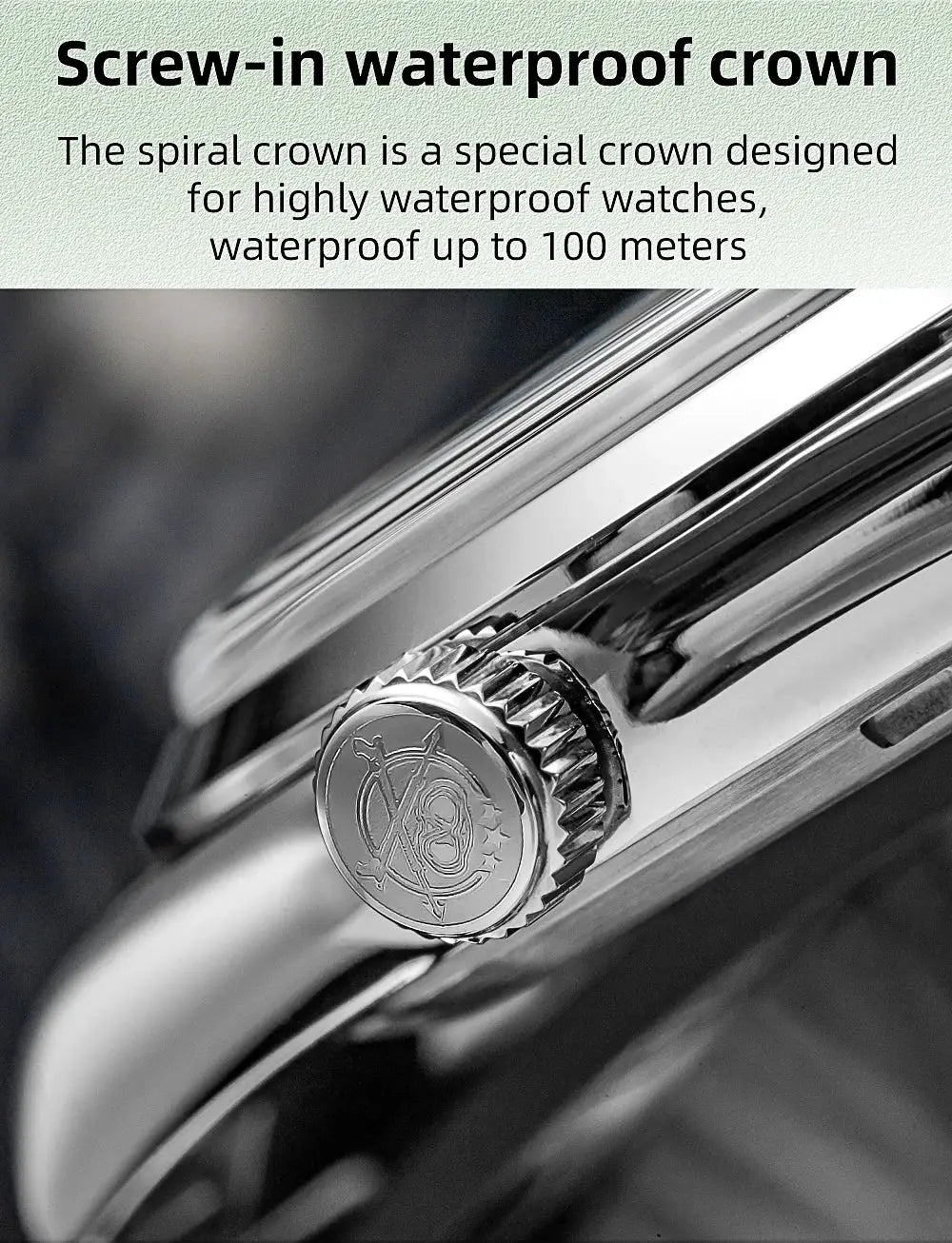 ADDIESDIVE 36mm AD2066 men's silver stainless steel watch crown close-up