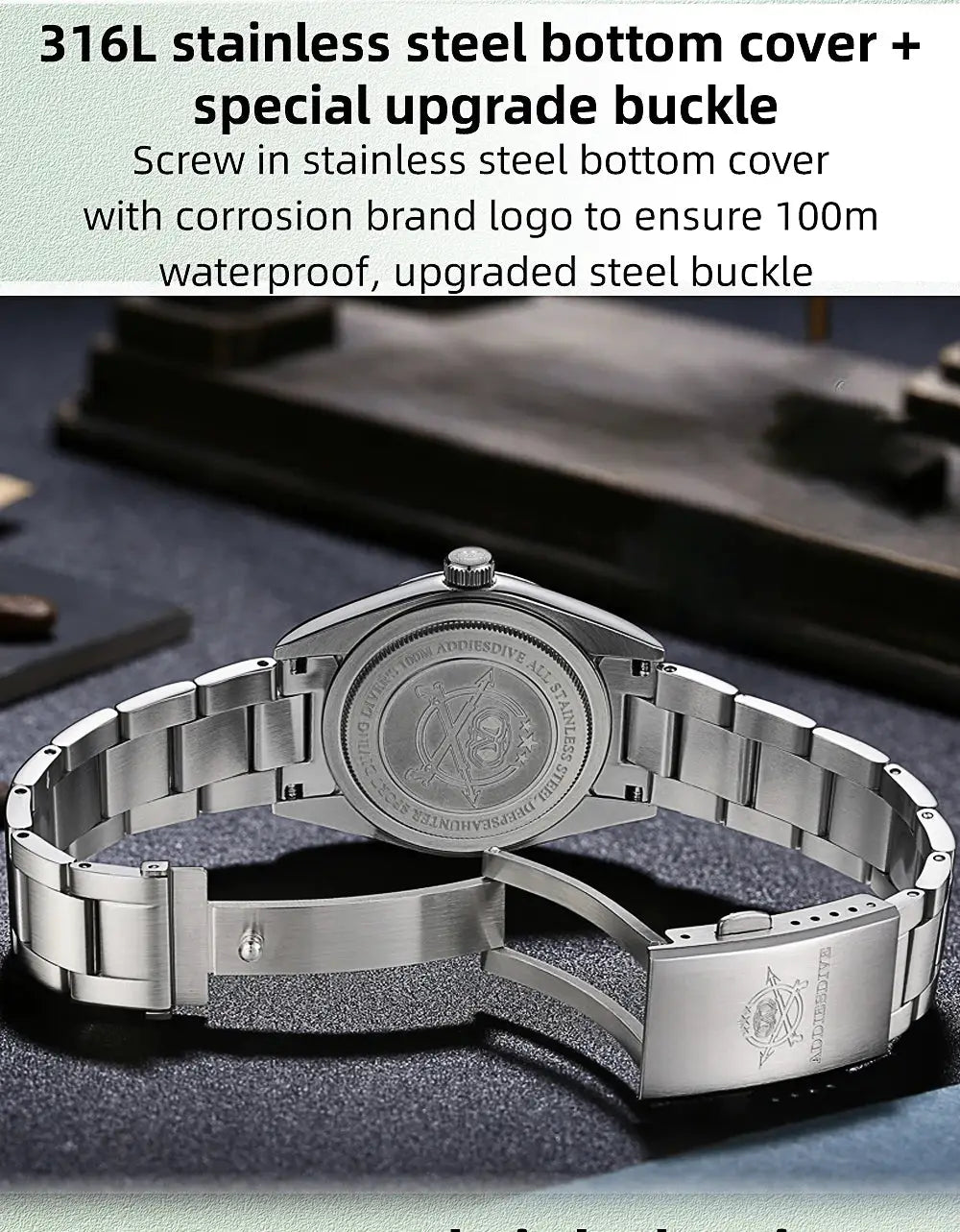 ADDIESDIVE 36mm men's stainless steel watch with 316L bracelet and 100m water resistance