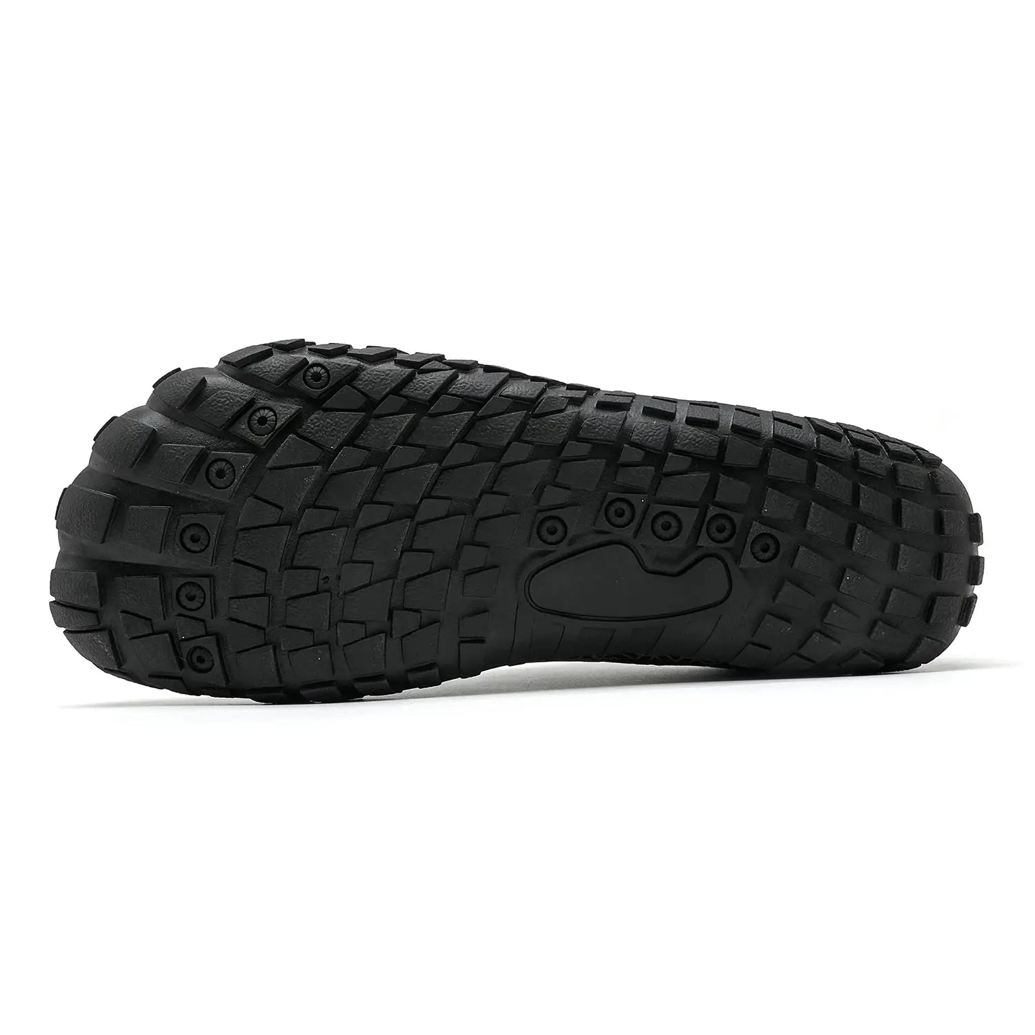 Men's trail running shoe outsole in black rubber with rugged lug tread