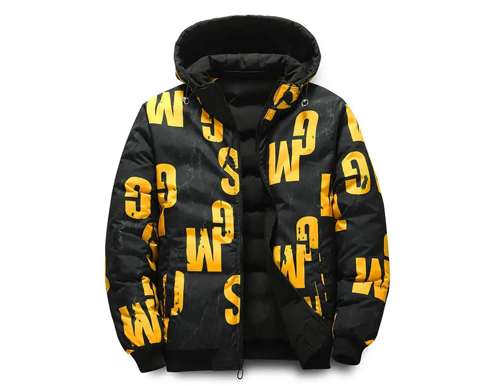 DIMUSI men's padded winter jacket with hood in black featuring bold yellow graphic print