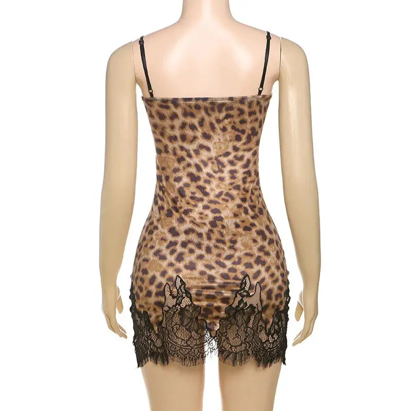 Julissa Mo Leopard Lace Mini Dress Spaghetti Strap High Waist Women
