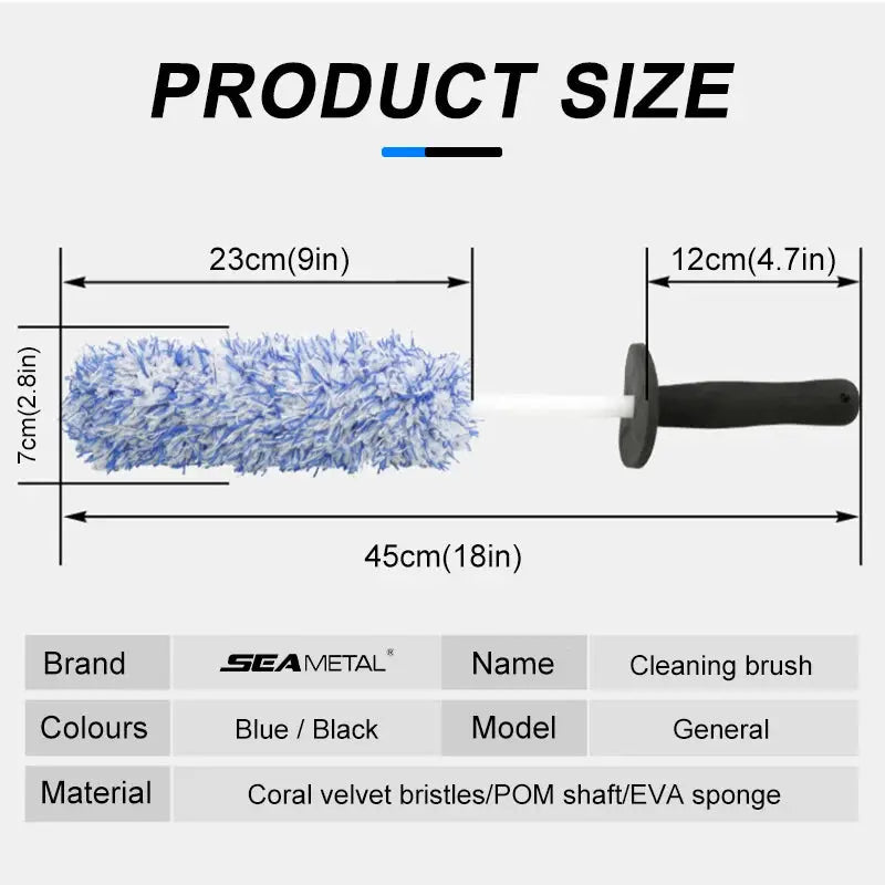 SEAMETAL wheel cleaning brush with plush blue bristles, white shaft and black non-slip handle, 45 cm long