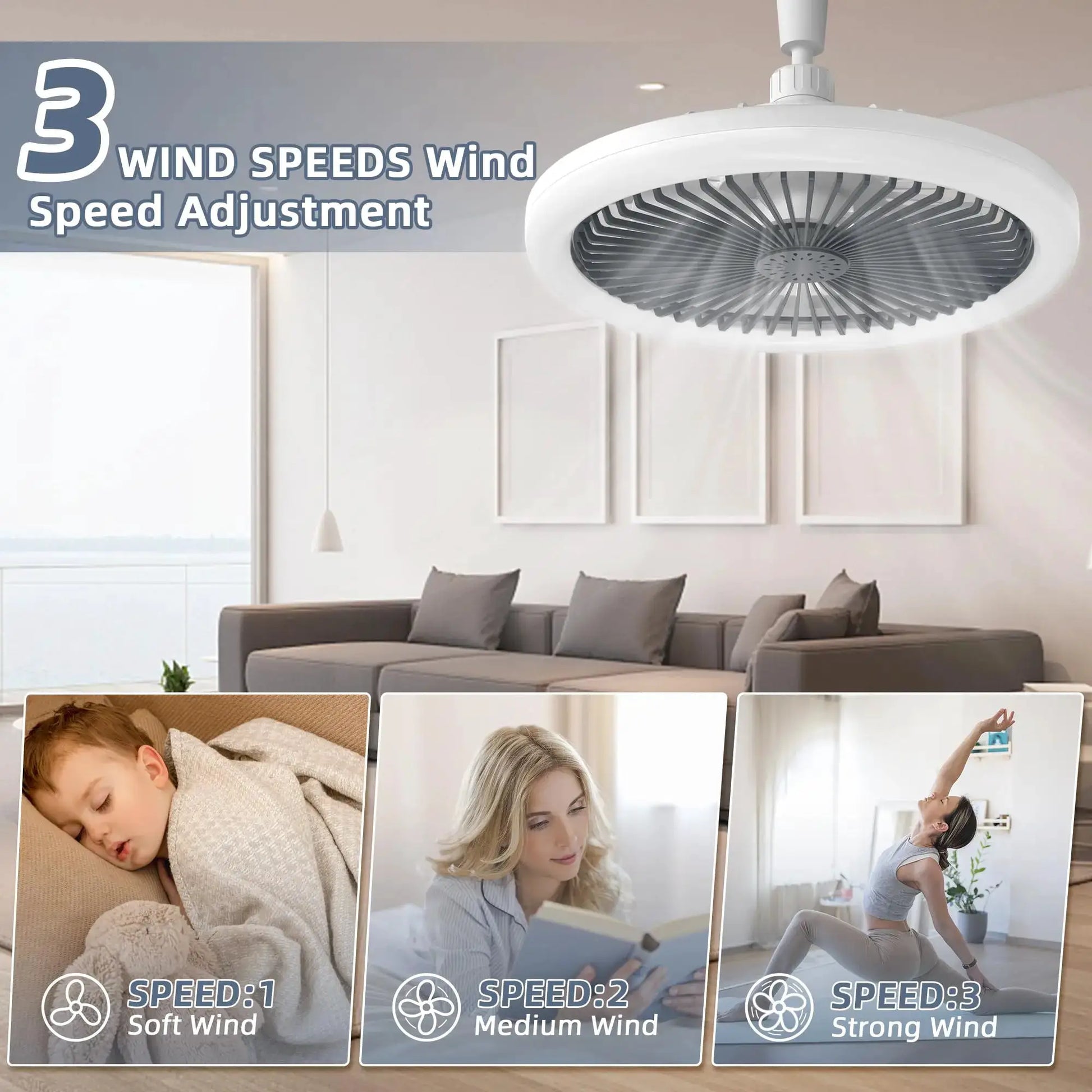 IRALAN modern white ceiling fan with LED light and remote control in living room.