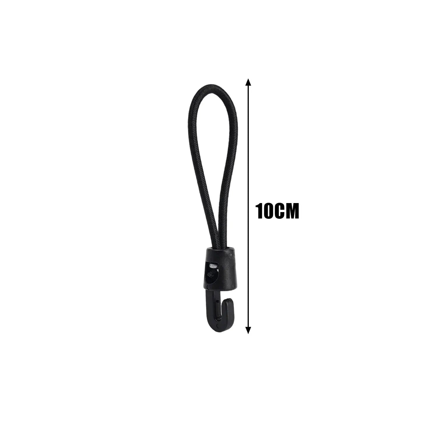 Black braided bungee cord with hook, 10 cm length shown