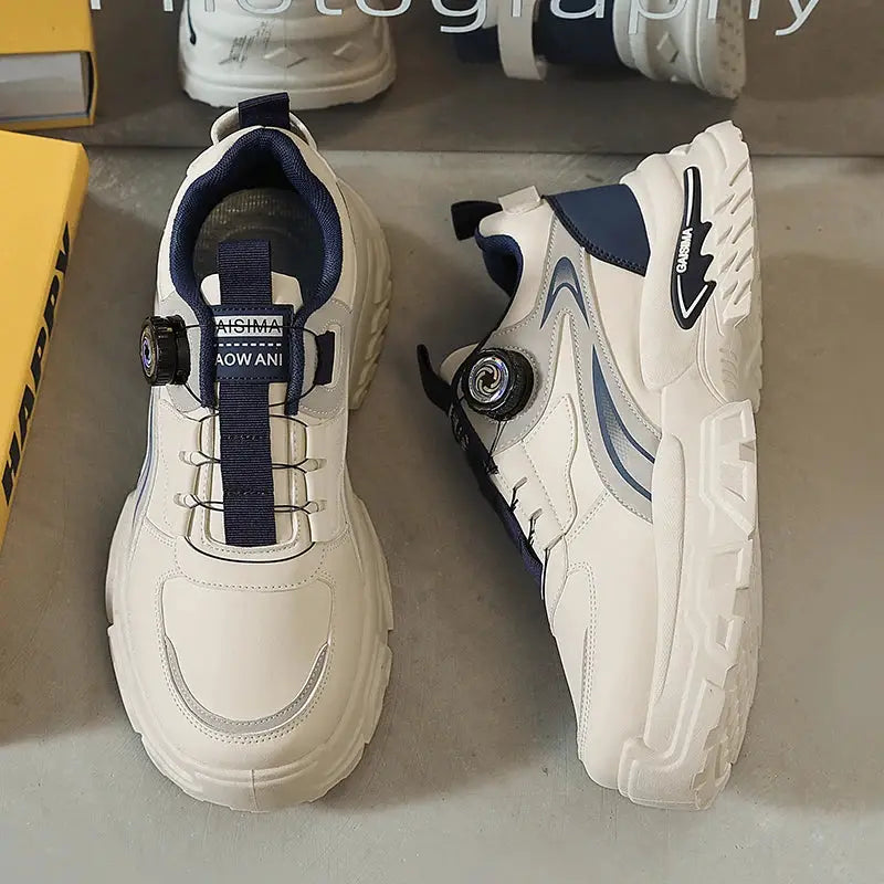 Men's white high-top running shoes with thick cushioned soles, navy accents, and dial lace system.
