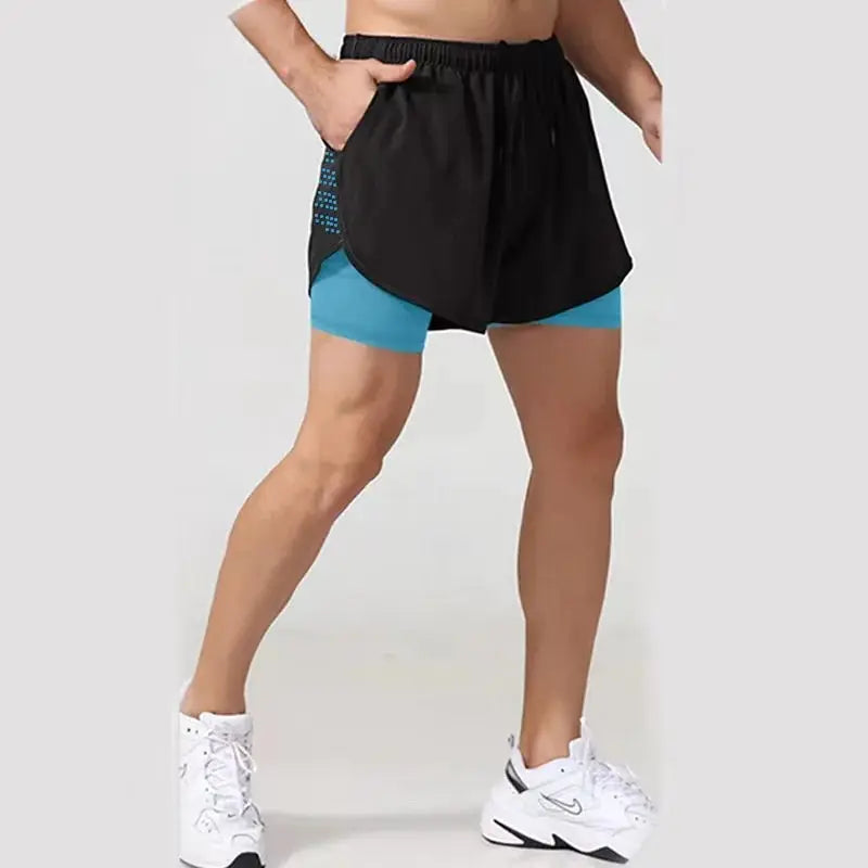 Men's 2-in-1 gym shorts, black outer layer with turquoise inner shorts, quick-drying beach activewear