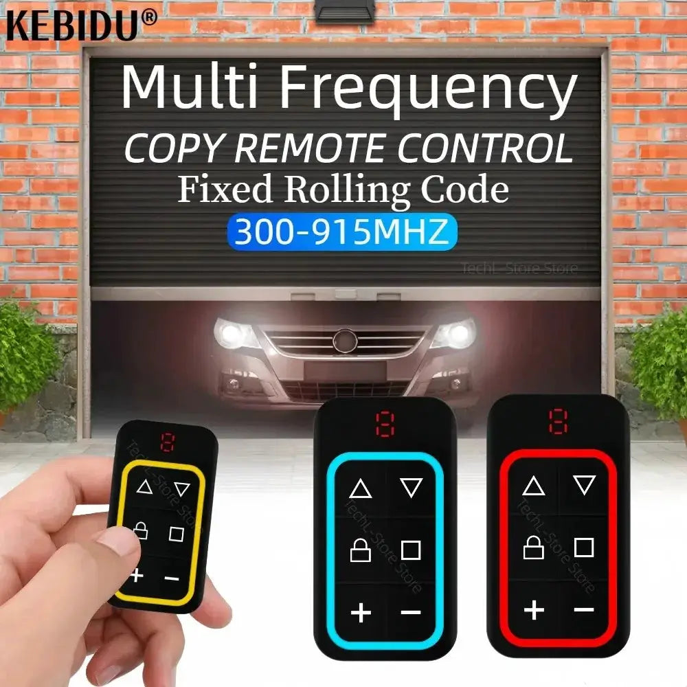 Garage door remotes set (3) with yellow, cyan, and red borders; KEBIDU logo; Simples Market brand