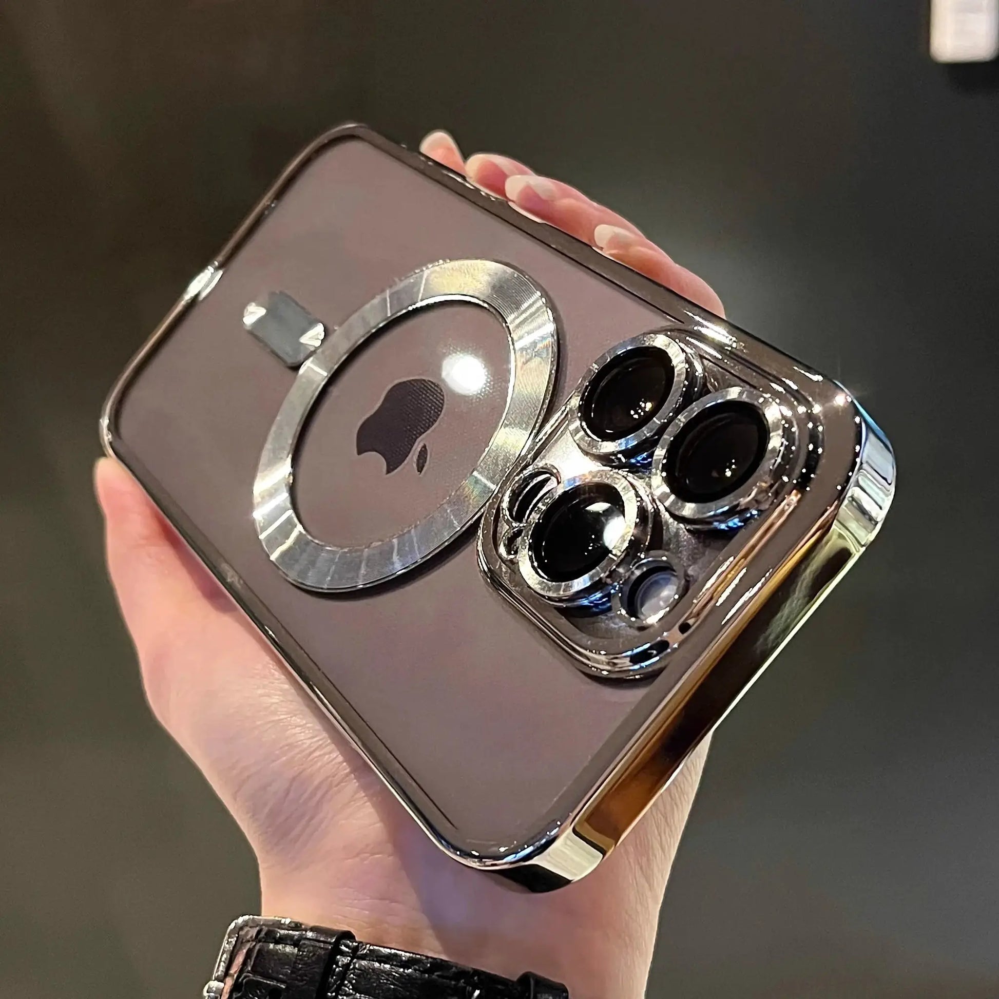 Simples Market luxury magnetic plating clear MagSafe case for iPhone Pro Max with metallic camera ring