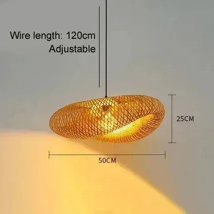 Bamboo weaving LED pendant light, handmade, 50cm wide, 25cm tall, adjustable 120cm wire